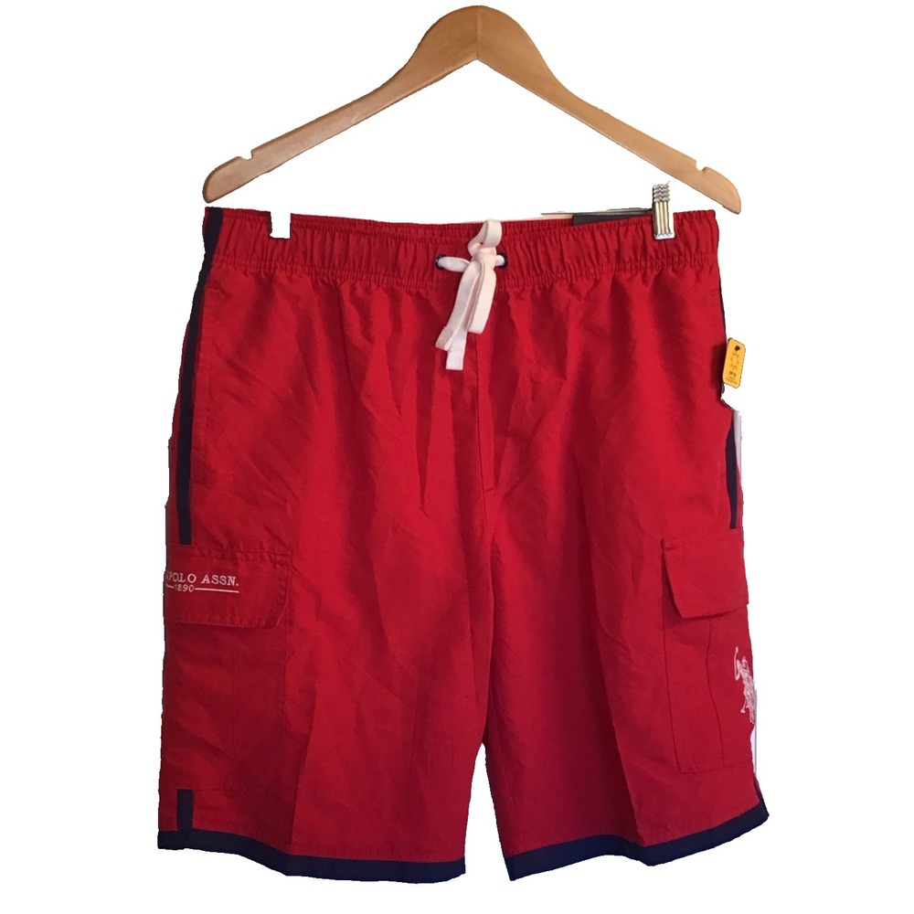 NWT US Polo Assn Mens Swim Trunks Size L Red & Black Trim Beach Board Shorts New